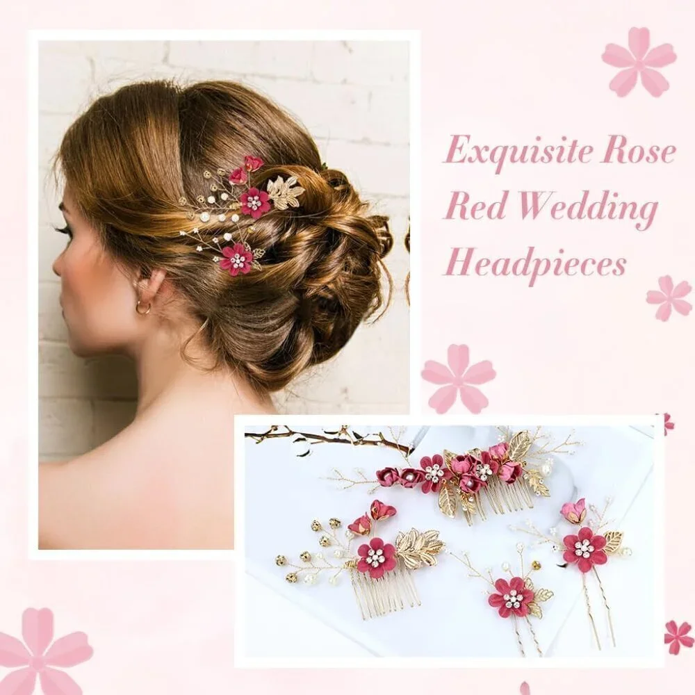 18 Pieces Bridal Wedding Party Prom Pearl Rhinestone Rose Red Flower Hair Side C